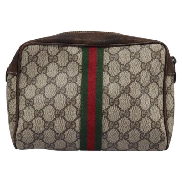 GUCCI GG Supreme Web Sherry Line Clutch Bag PVC Beige Red Green Auth - Picture 1 of 16